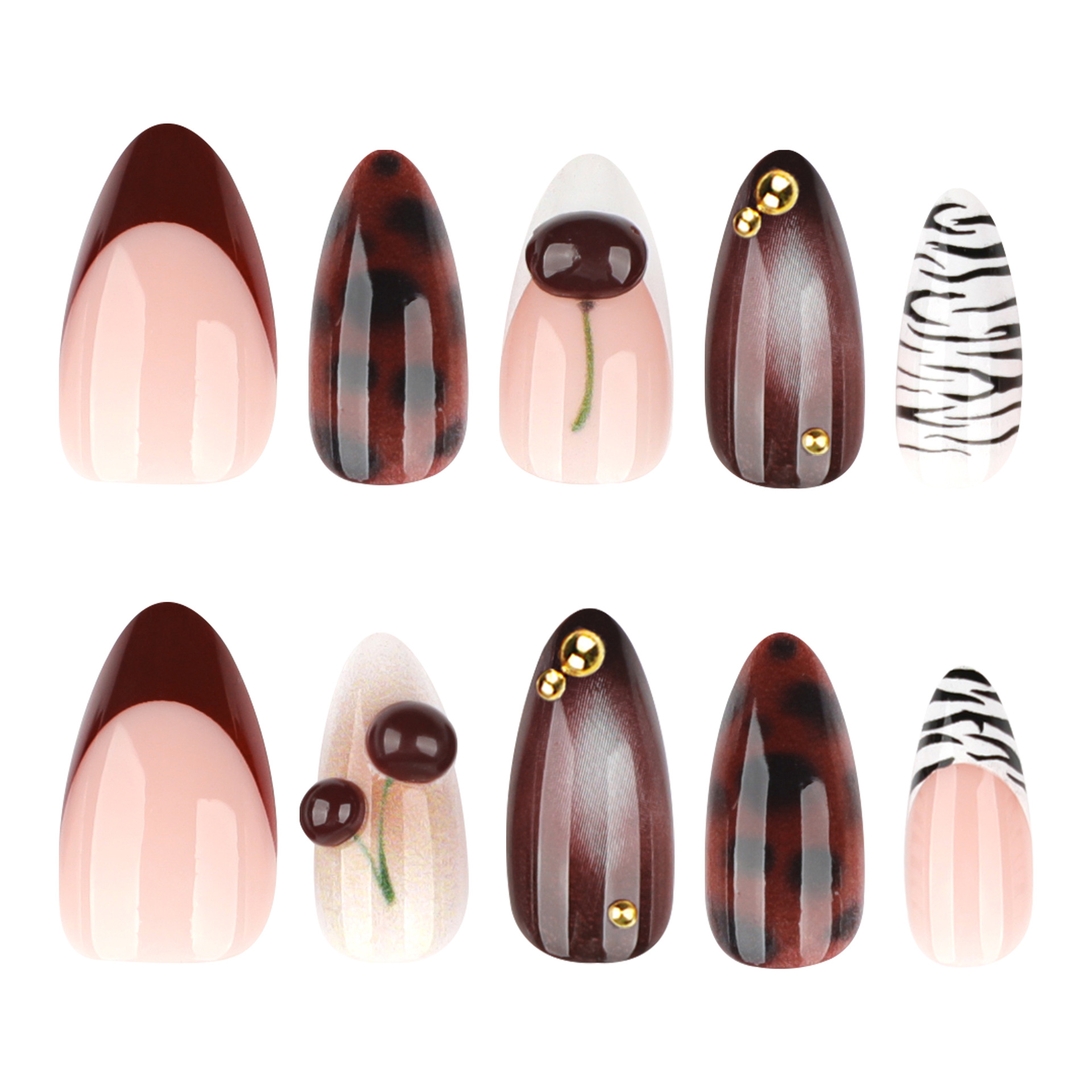 Nail Art Burgundy - 24개 버건디 누드 브라운 프레스온 네일
