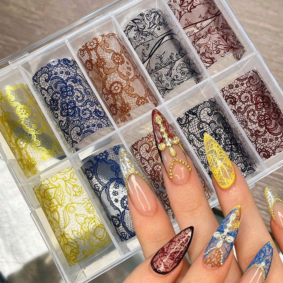 Nail Foil Transfer - 10롤 레트로 컬러풀 레이스 포일 트랜스퍼