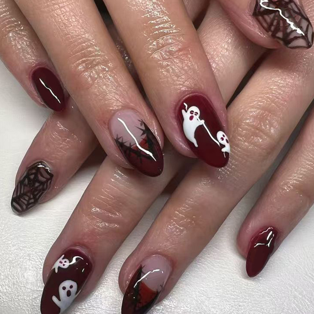 Nail Art Burgundy - 24개 할로윈 프레스온 네일 고스트 스파이더