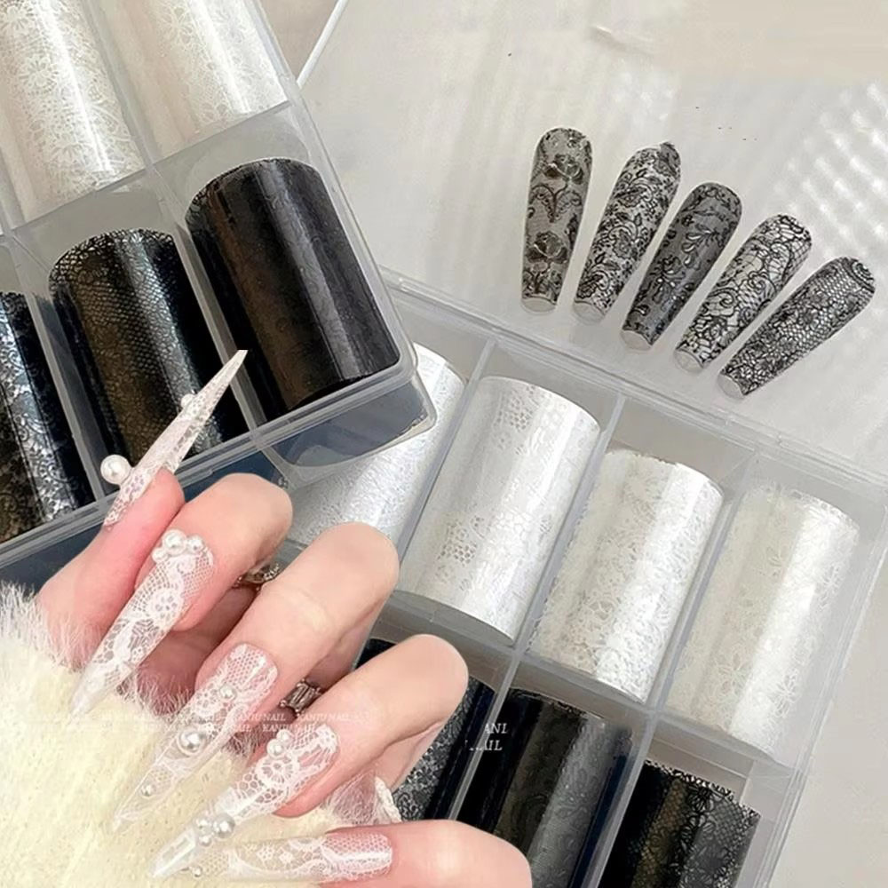 Nail Foil Transfer - 10 롤/박스 새로운 흑백 레이스 네일