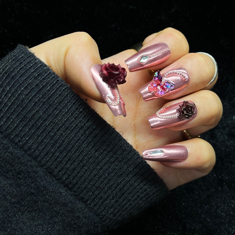 Nail Art Burgundy - 10개입 로즈 골드 프레스온 네일 3D