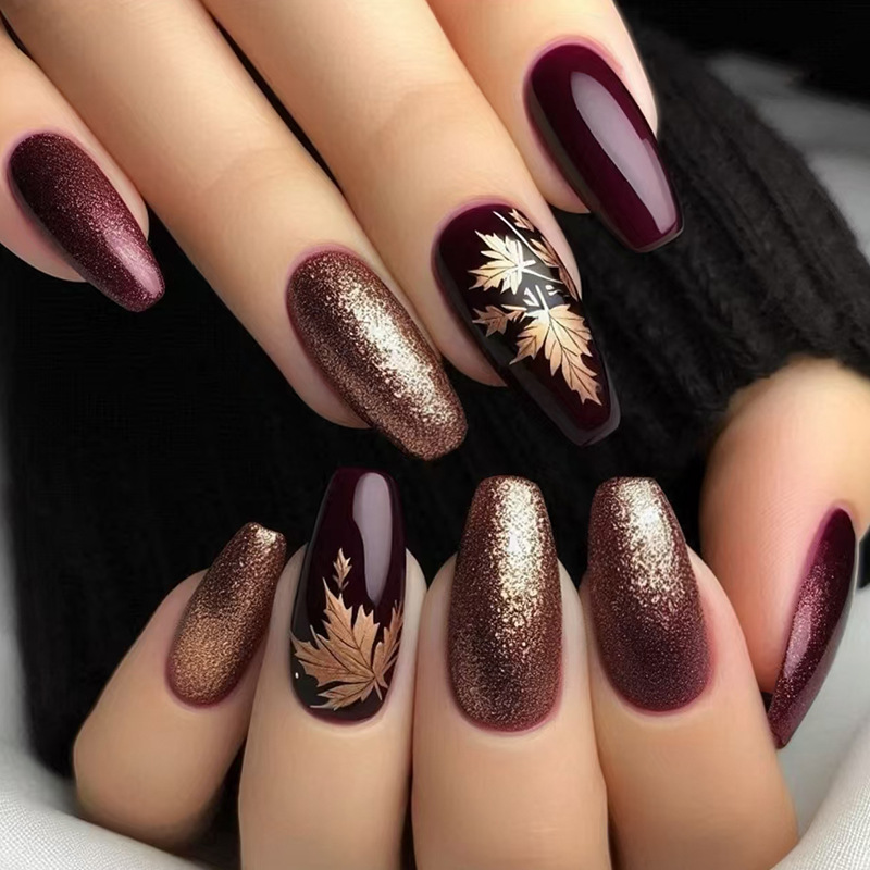 24개 우아한 버건디 글리터 골든 메이플 리프 네일 아 - Nail Art Burgundy 리뷰 및 가격