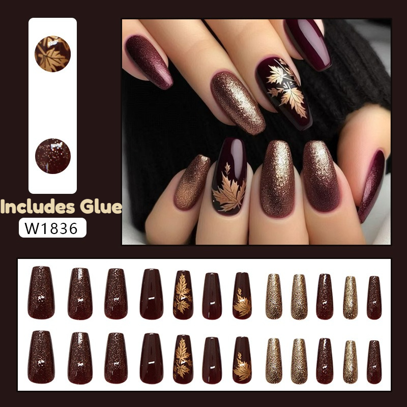 24개 우아한 버건디 글리터 골든 메이플 리프 네일 아 - Nail Art Burgundy 리뷰 및 가격