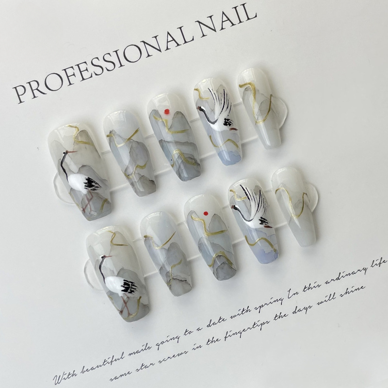 10 조각 중국 스타일 잉크 그림 손톱에 수제 프레스  - Nail Art Painting 리뷰 및 가격