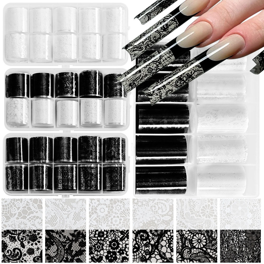 10 롤/박스 새로운 흑백 레이스 네일 전사 스티커 섹 - Nail Foil Transfer 리뷰 및 가격