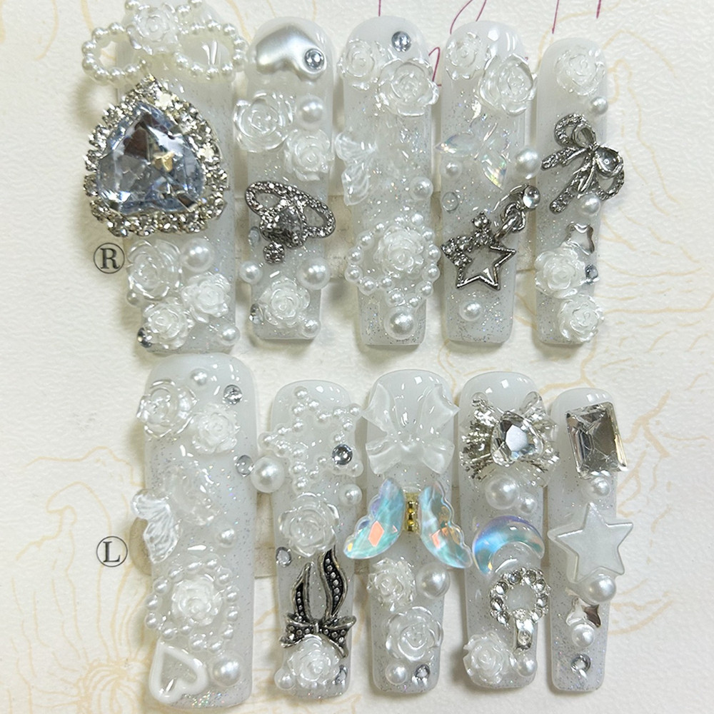 10개입 귀여운 지라이 케이 화이트 핸드메이드 프레스온 - Nail Art Y2K 리뷰 및 가격