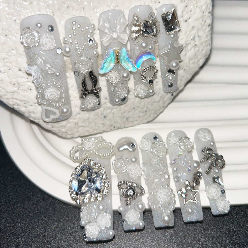 10개입 귀여운 지라이 케이 화이트 핸드메이드 프레스온 - Nail Art Y2K 리뷰 및 가격