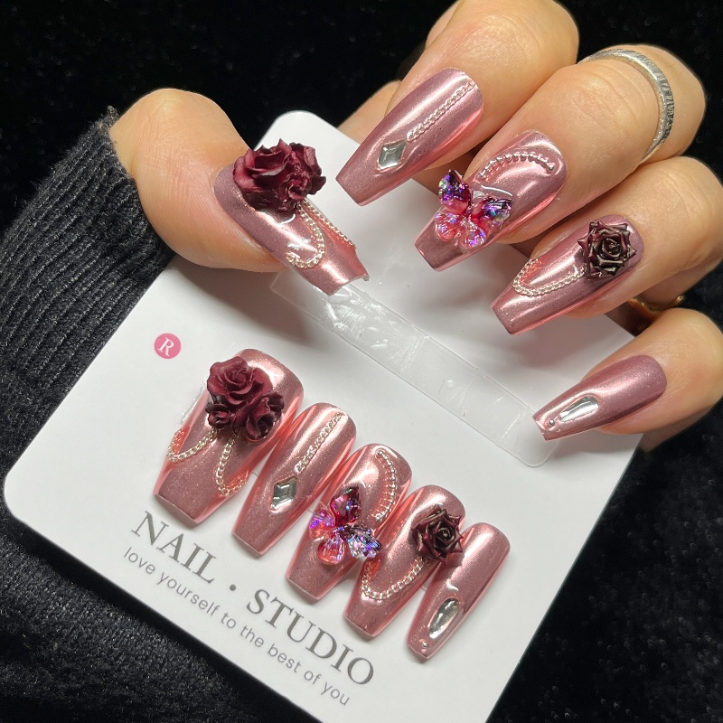 10개입 로즈 골드 프레스온 네일 3D 버건디 로즈 반 - Nail Art Burgundy 리뷰 및 가격