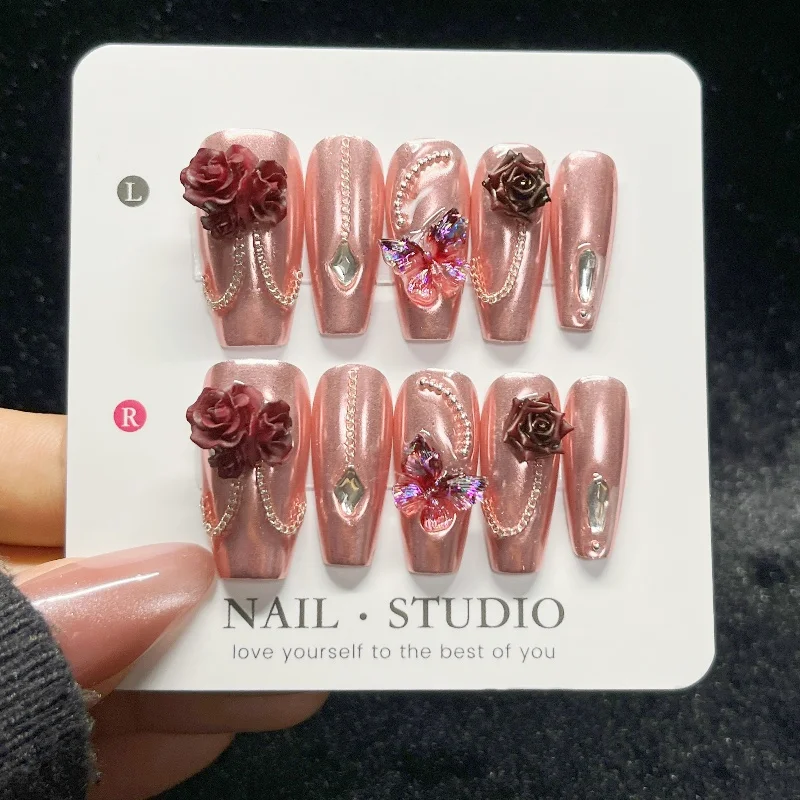 10개입 로즈 골드 프레스온 네일 3D 버건디 로즈 반 - Nail Art Burgundy 리뷰 및 가격